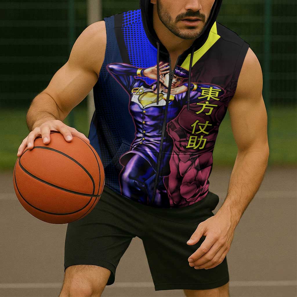 Josuke JoJo’s Bizarre Adventure Sleeveless Zip Hoodie with Crazy Diamond Stand - The Mazicc