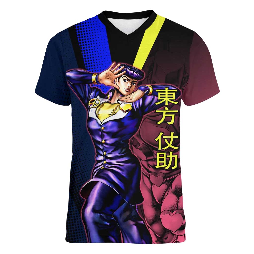 Josuke JoJo’s Bizarre Adventure Women V-Neck T-Shirt with Crazy Diamond Stand - The Mazicc