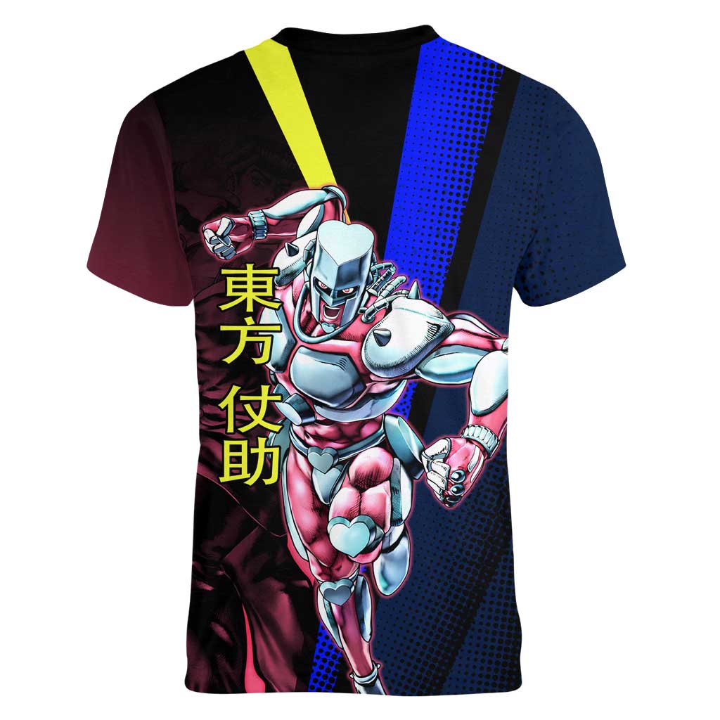 Josuke JoJo’s Bizarre Adventure Women V-Neck T-Shirt with Crazy Diamond Stand - The Mazicc