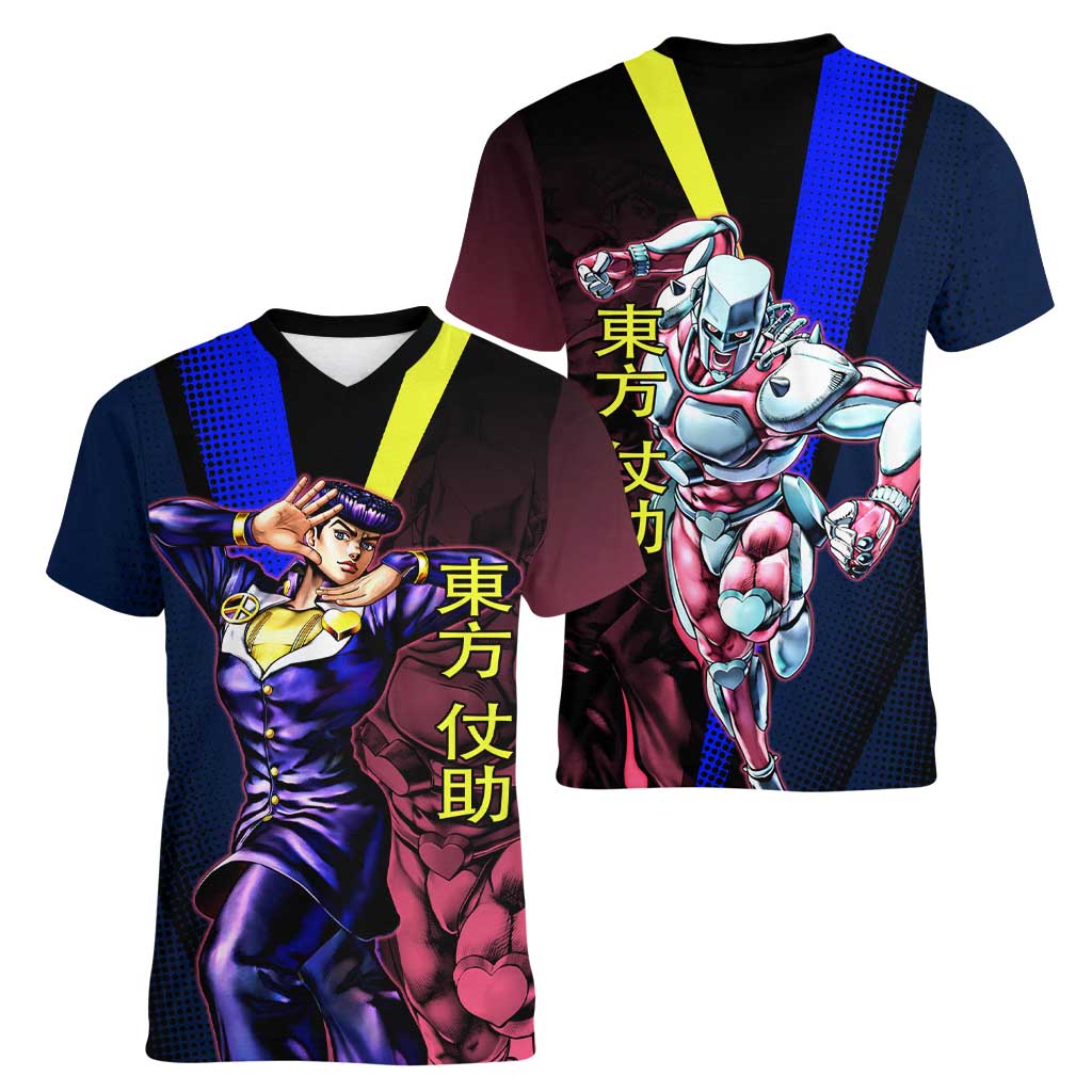 Josuke JoJo’s Bizarre Adventure Women V-Neck T-Shirt with Crazy Diamond Stand - The Mazicc