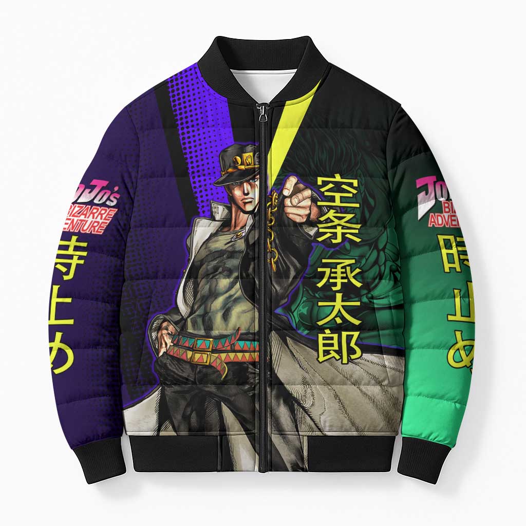 Jotaro Kujo JoJo’s Bizarre Adventure Bomber Puffer Jacket with Star Platinum Stand and Bold - The Mazicc