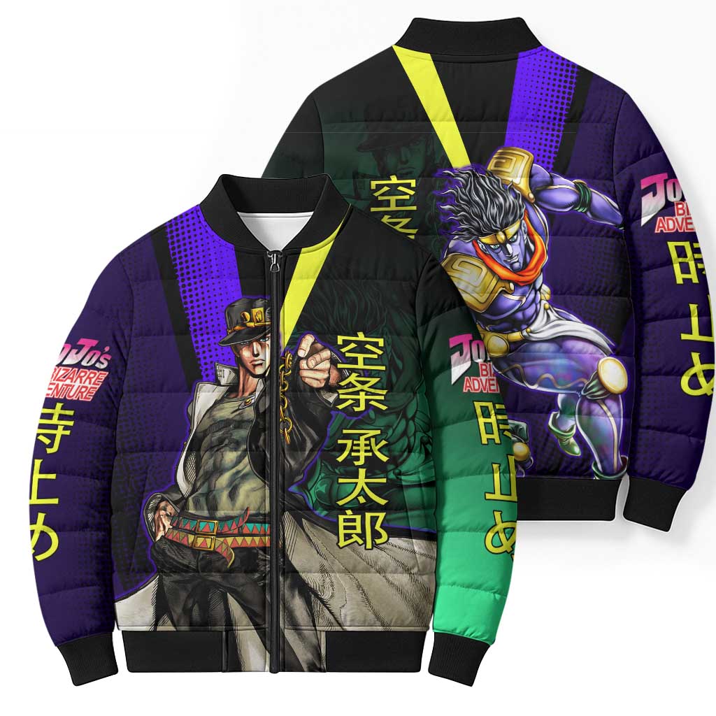 Jotaro Kujo JoJo’s Bizarre Adventure Bomber Puffer Jacket with Star Platinum Stand and Bold - The Mazicc