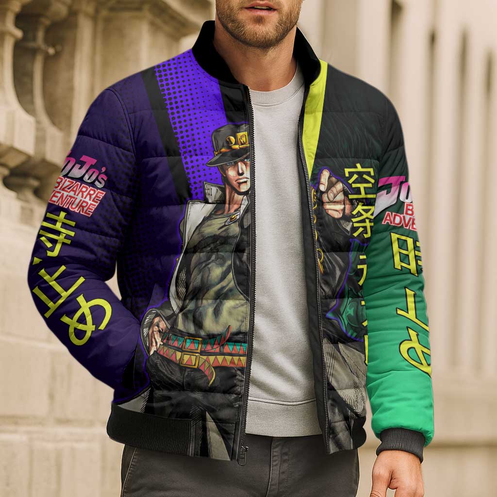 Jotaro Kujo JoJo’s Bizarre Adventure Bomber Puffer Jacket with Star Platinum Stand and Bold - The Mazicc