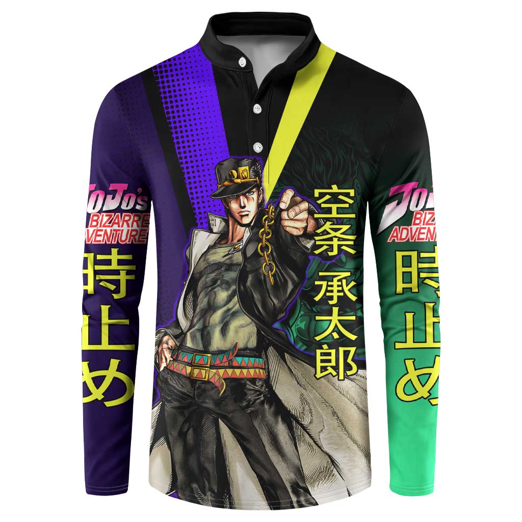Jotaro Kujo JoJo’s Bizarre Adventure Button Sweatshirt with Star Platinum Stand and Bold - The Mazicc