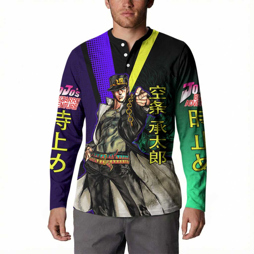 Jotaro Kujo JoJo’s Bizarre Adventure Button Sweatshirt with Star Platinum Stand and Bold - The Mazicc
