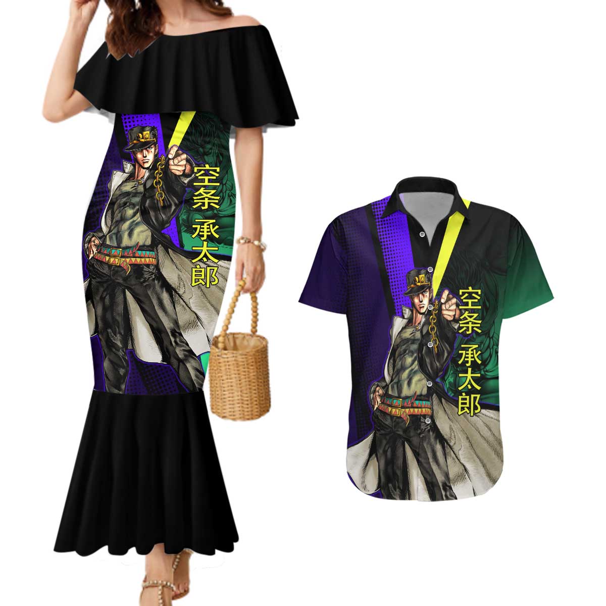 Jotaro Kujo JoJo’s Bizarre Adventure Couples Matching Mermaid Dress and Hawaiian Shirt with Star Platinum Stand and Bold - The Mazicc