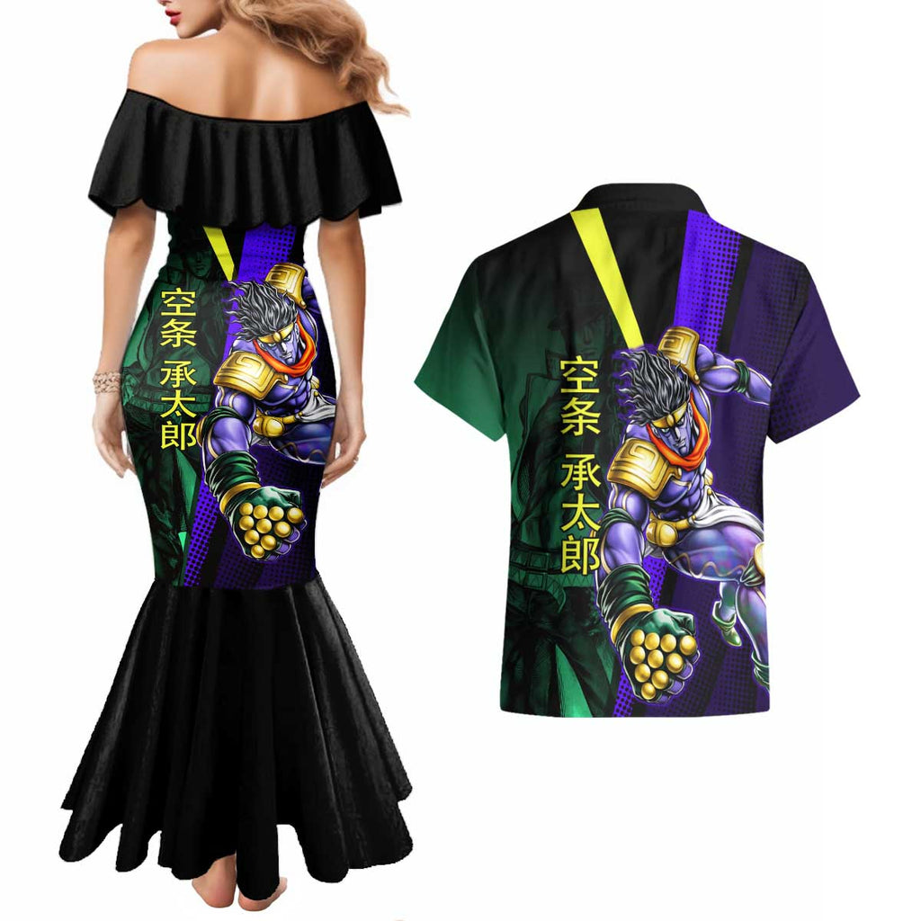 Jotaro Kujo JoJo’s Bizarre Adventure Couples Matching Mermaid Dress and Hawaiian Shirt with Star Platinum Stand and Bold - The Mazicc
