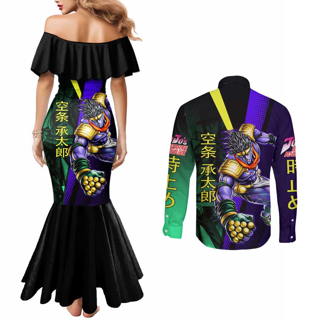 Jotaro Kujo JoJo’s Bizarre Adventure Couples Matching Mermaid Dress and Long Sleeve Button Shirt with Star Platinum Stand and Bold - The Mazicc