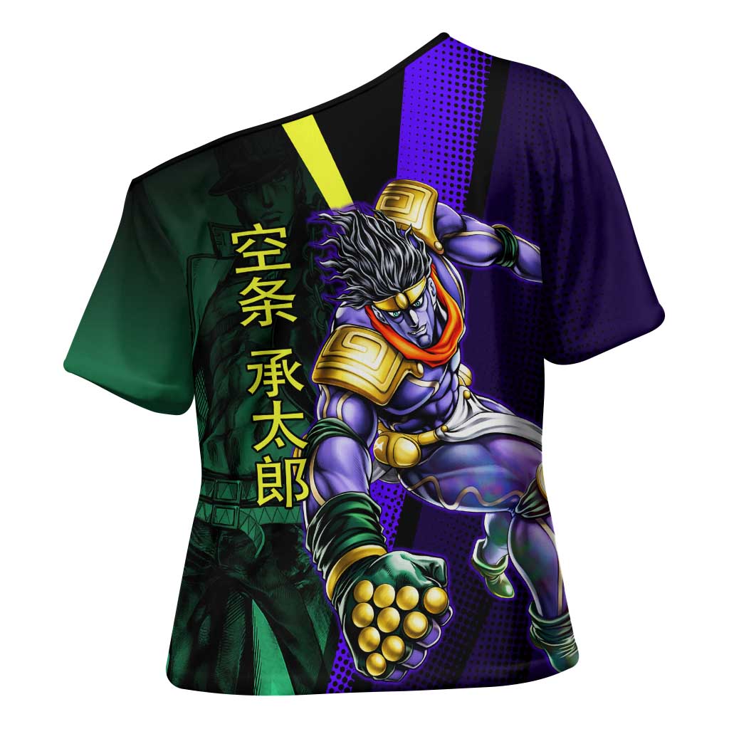 Jotaro Kujo JoJo’s Bizarre Adventure Cross Shoulder Shirt with Star Platinum Stand and Bold - The Mazicc