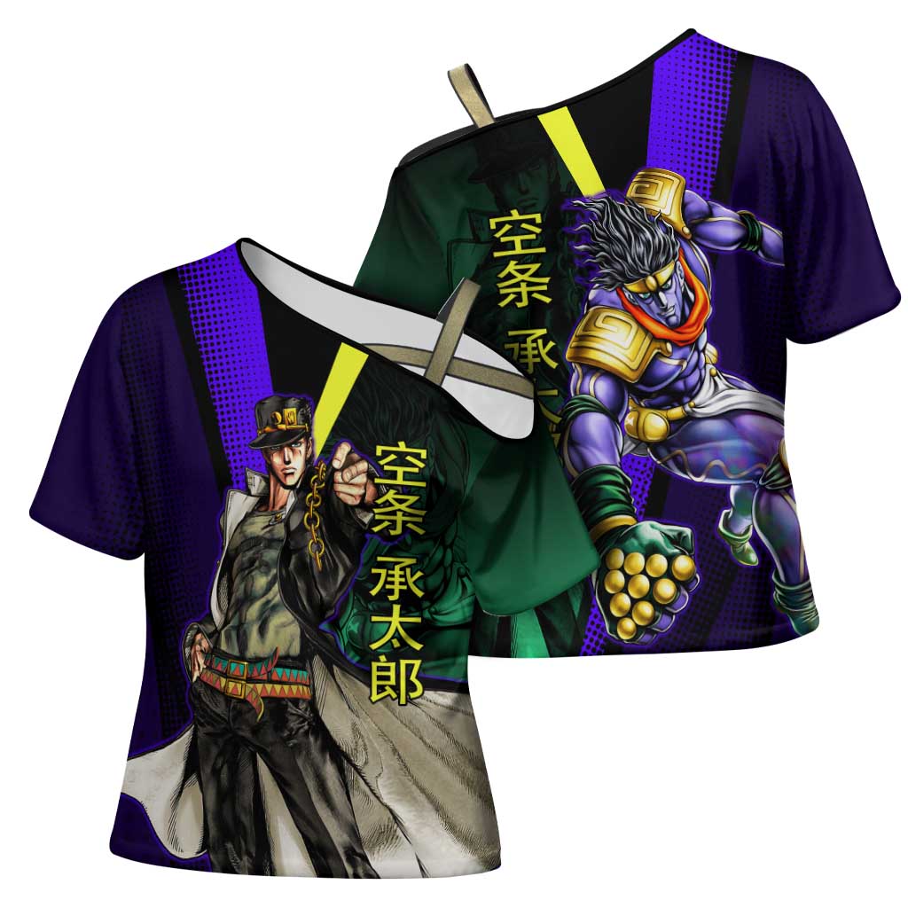 Jotaro Kujo JoJo’s Bizarre Adventure Cross Shoulder Shirt with Star Platinum Stand and Bold - The Mazicc