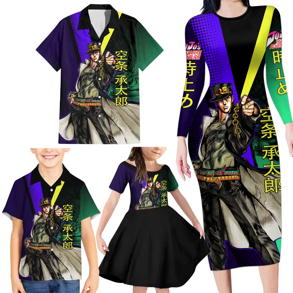 Jotaro Kujo JoJo’s Bizarre Adventure Family Matching Long Sleeve Bodycon Dress and Hawaiian Shirt with Star Platinum Stand and Bold