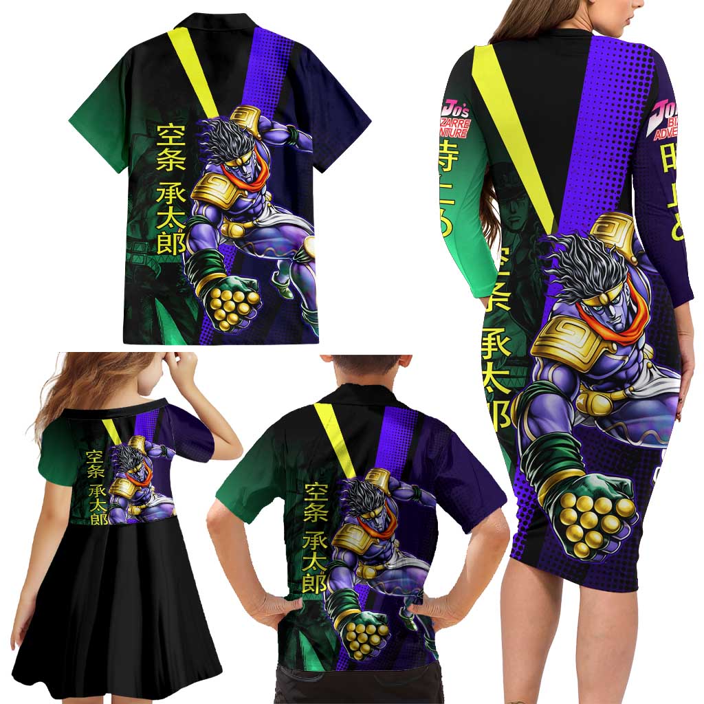 Jotaro Kujo JoJo’s Bizarre Adventure Family Matching Long Sleeve Bodycon Dress and Hawaiian Shirt with Star Platinum Stand and Bold