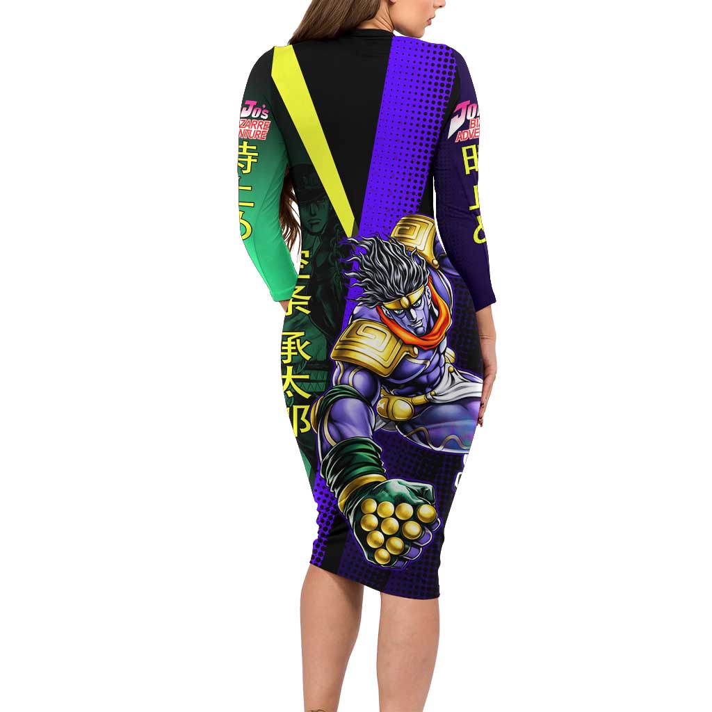 Jotaro Kujo JoJo’s Bizarre Adventure Family Matching Long Sleeve Bodycon Dress and Hawaiian Shirt with Star Platinum Stand and Bold