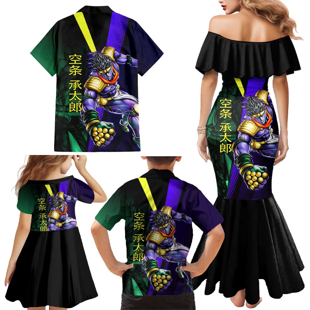 Jotaro Kujo JoJo’s Bizarre Adventure Family Matching Mermaid Dress and Hawaiian Shirt with Star Platinum Stand and Bold