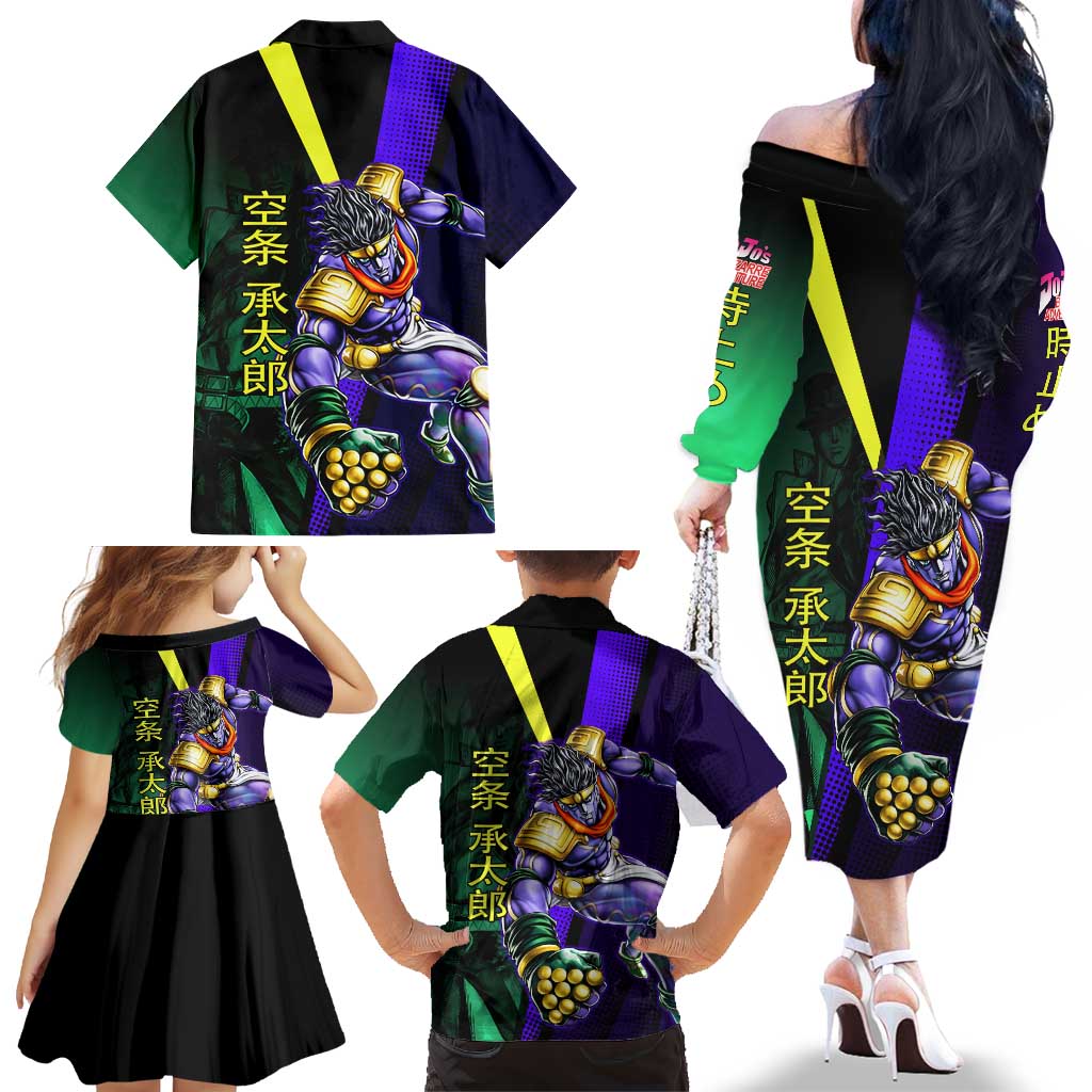 Jotaro Kujo JoJo’s Bizarre Adventure Family Matching Off The Shoulder Long Sleeve Dress and Hawaiian Shirt with Star Platinum Stand and Bold