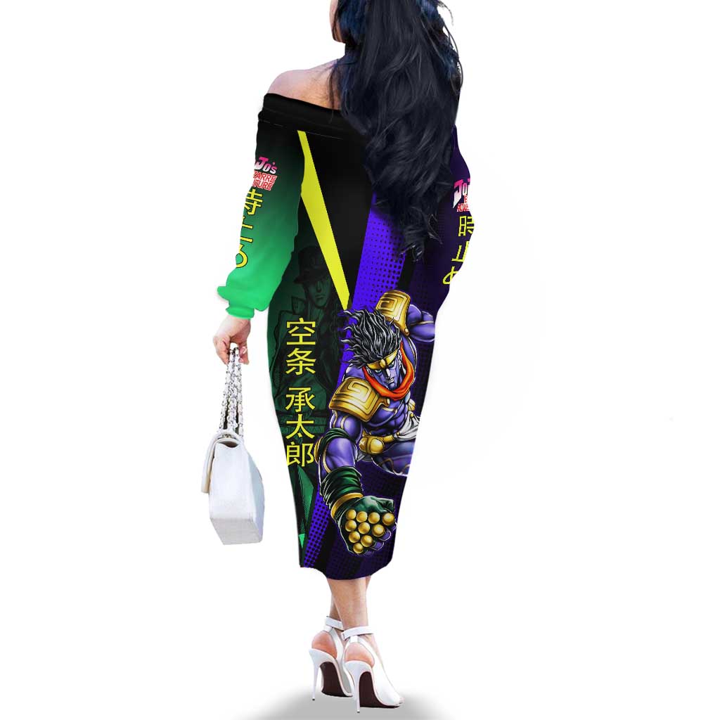 Jotaro Kujo JoJo’s Bizarre Adventure Family Matching Off The Shoulder Long Sleeve Dress and Hawaiian Shirt with Star Platinum Stand and Bold