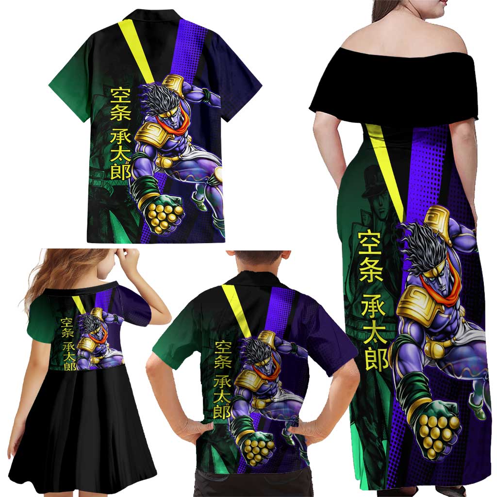 Jotaro Kujo JoJo’s Bizarre Adventure Family Matching Off Shoulder Maxi Dress and Hawaiian Shirt with Star Platinum Stand and Bold