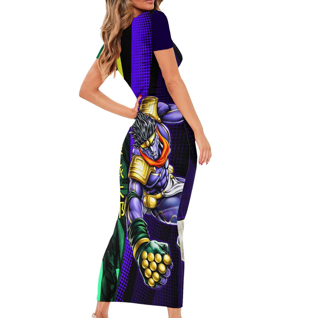 Jotaro Kujo JoJo’s Bizarre Adventure Family Matching Short Sleeve Bodycon Dress and Hawaiian Shirt with Star Platinum Stand and Bold