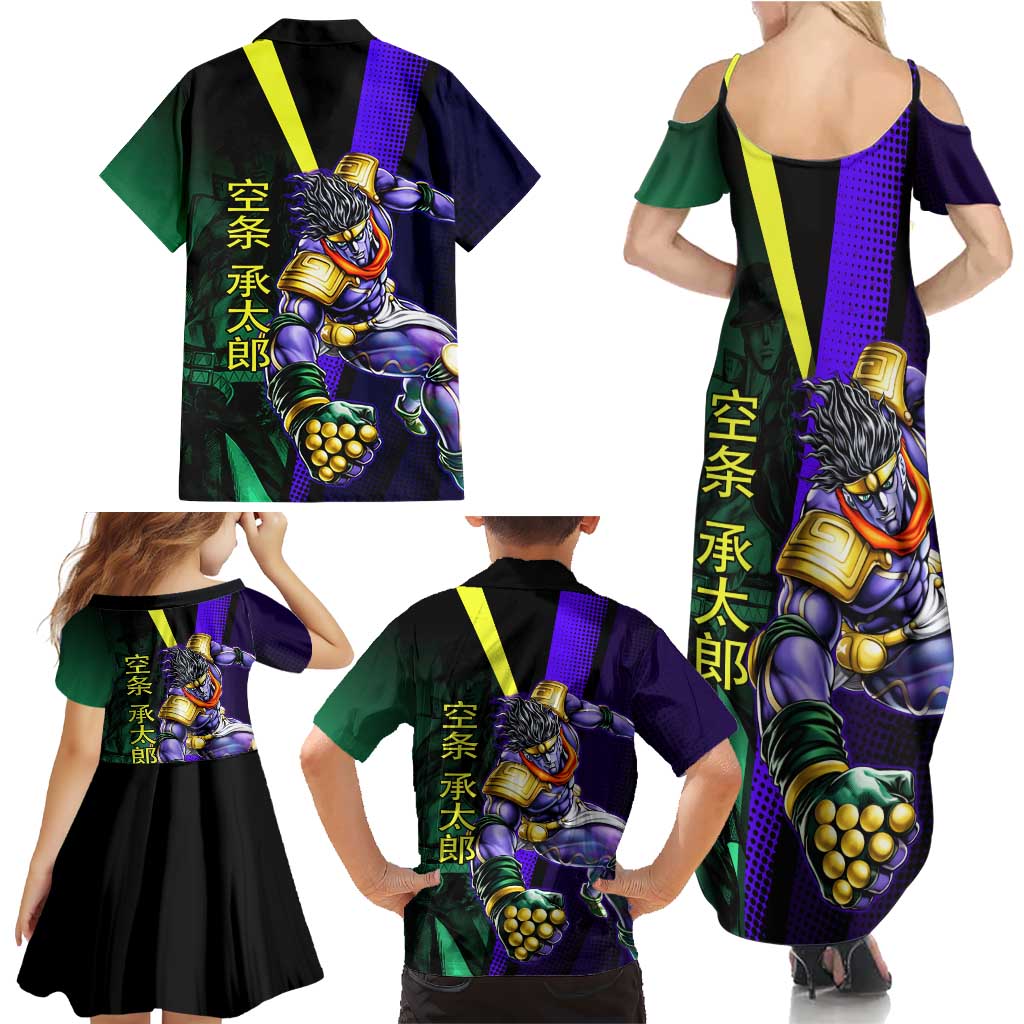 Jotaro Kujo JoJo’s Bizarre Adventure Family Matching Summer Maxi Dress and Hawaiian Shirt with Star Platinum Stand and Bold