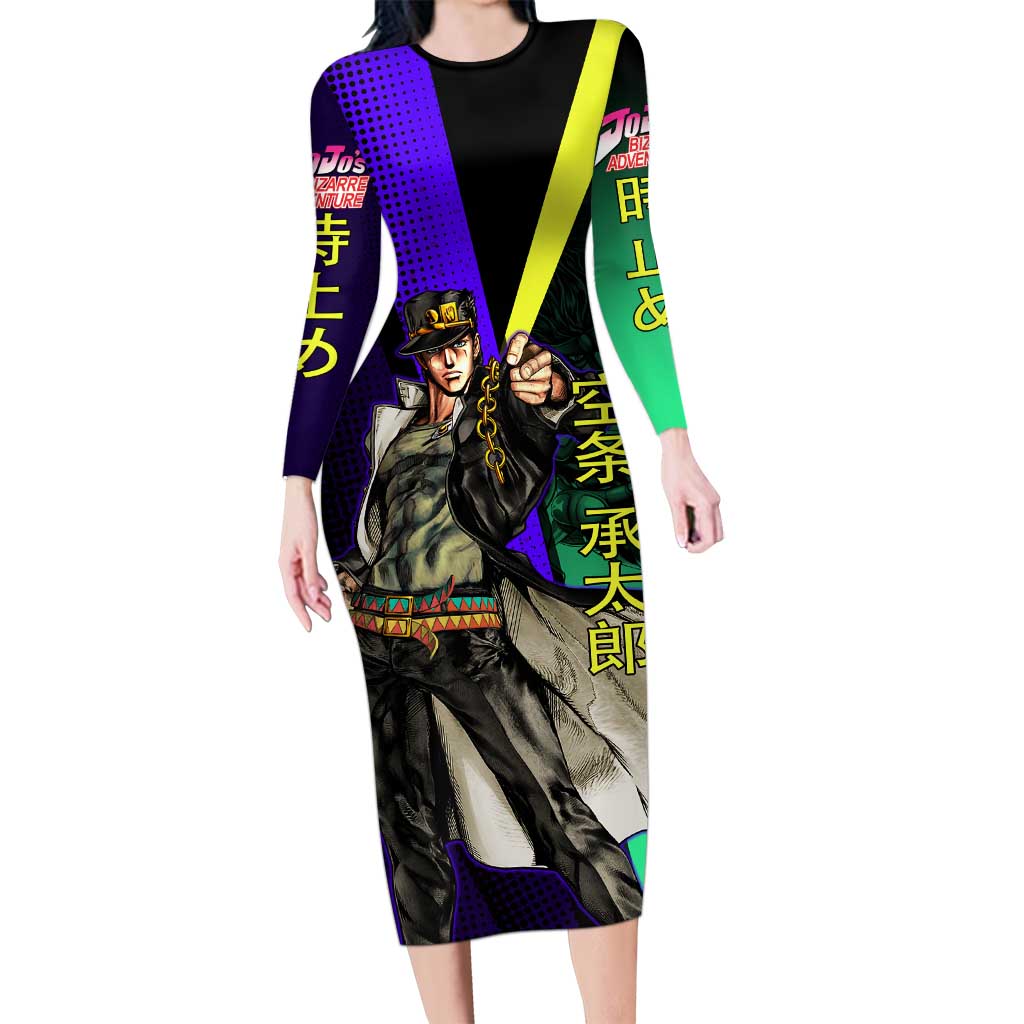 Jotaro Kujo JoJo’s Bizarre Adventure Long Sleeve Bodycon Dress with Star Platinum Stand and Bold - The Mazicc