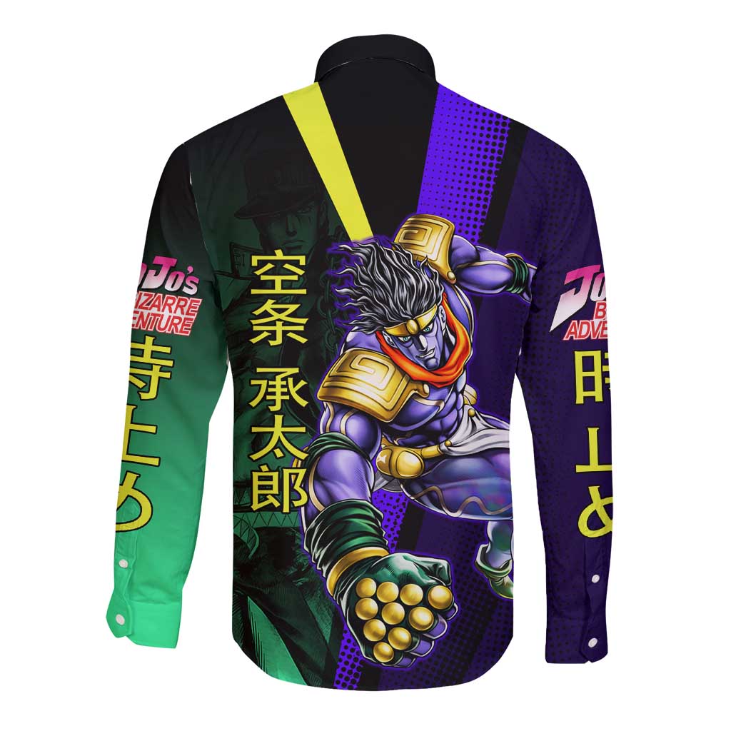 Jotaro Kujo JoJo’s Bizarre Adventure Long Sleeve Button Shirt with Star Platinum Stand and Bold - The Mazicc