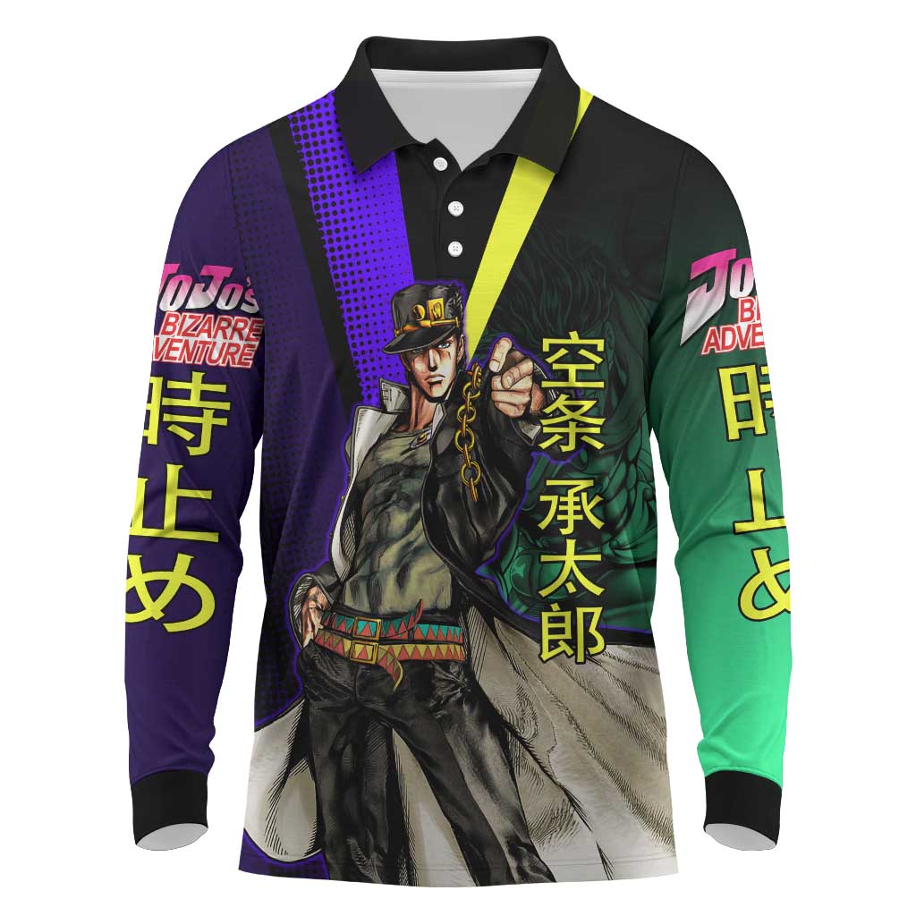 Jotaro Kujo JoJo’s Bizarre Adventure Long Sleeve Polo Shirt with Star Platinum Stand and Bold - The Mazicc