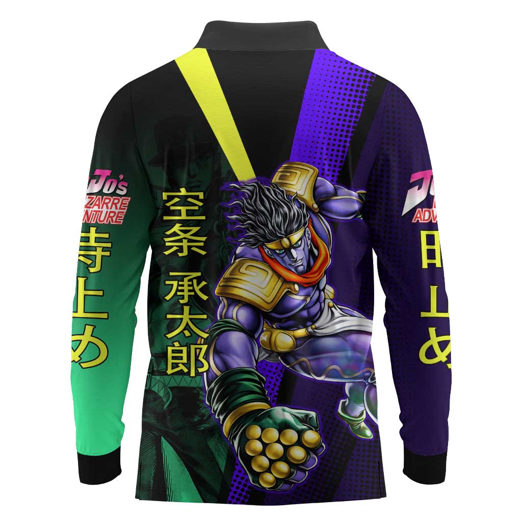 Jotaro Kujo JoJo’s Bizarre Adventure Long Sleeve Polo Shirt with Star Platinum Stand and Bold - The Mazicc