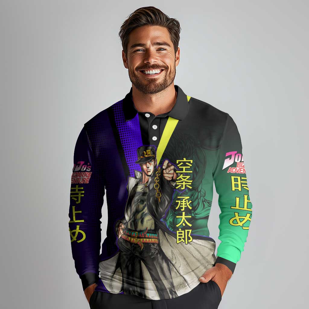Jotaro Kujo JoJo’s Bizarre Adventure Long Sleeve Polo Shirt with Star Platinum Stand and Bold - The Mazicc