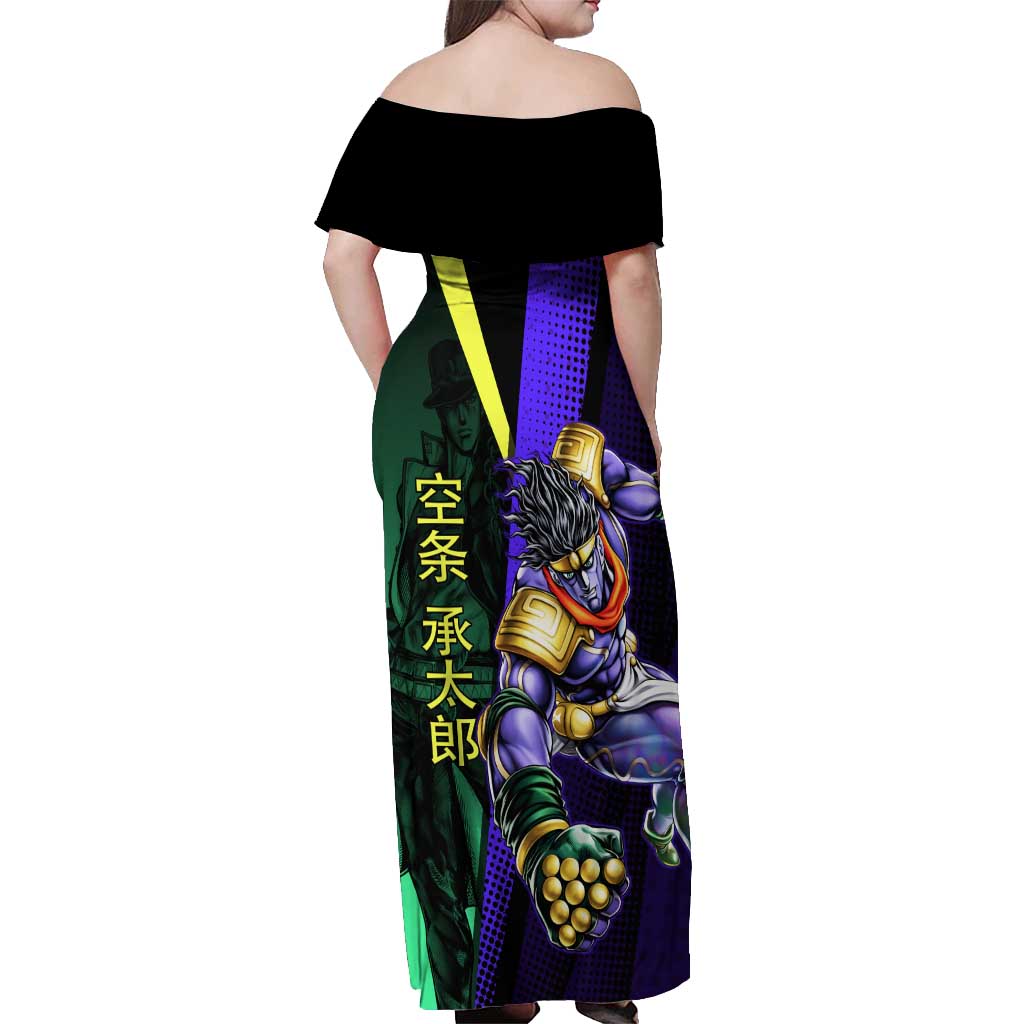 Jotaro Kujo JoJo’s Bizarre Adventure Off Shoulder Maxi Dress with Star Platinum Stand and Bold - The Mazicc