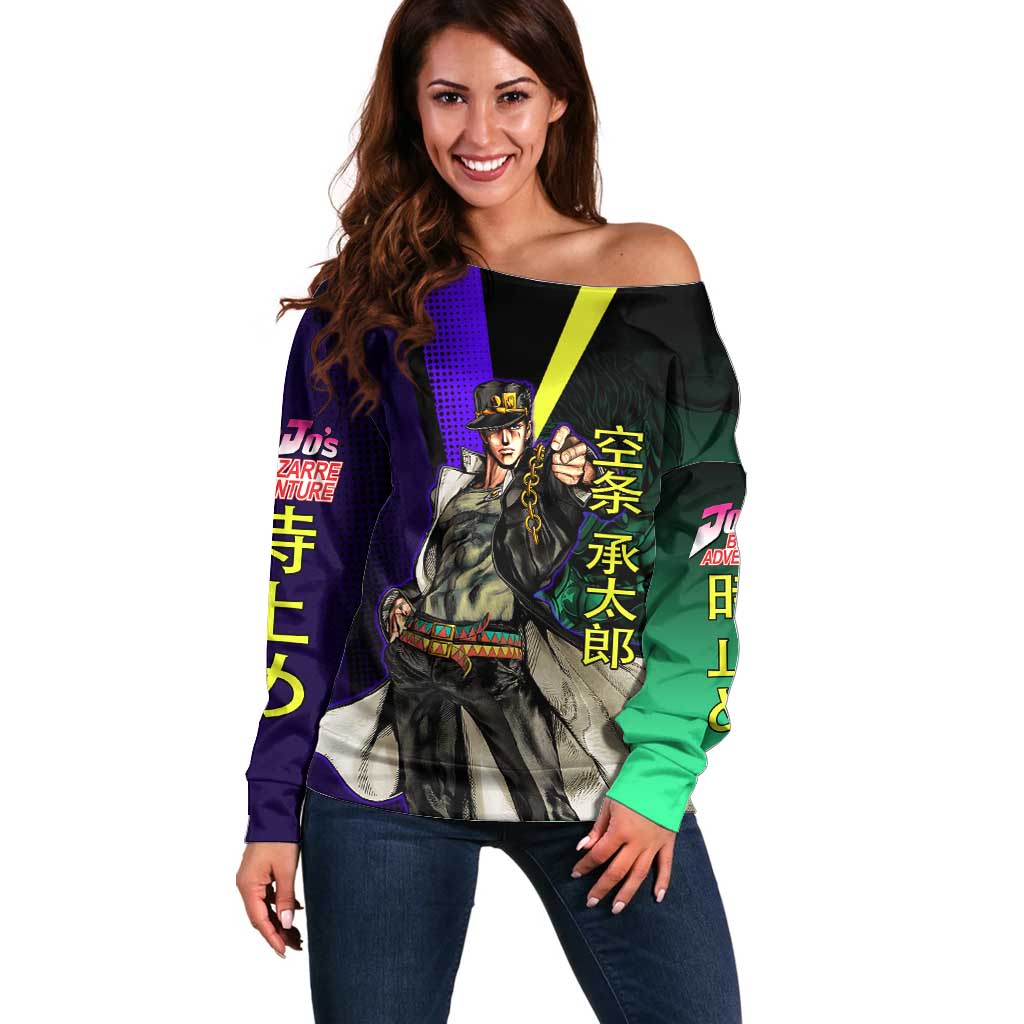 Jotaro Kujo JoJo’s Bizarre Adventure Off Shoulder Sweater with Star Platinum Stand and Bold - The Mazicc