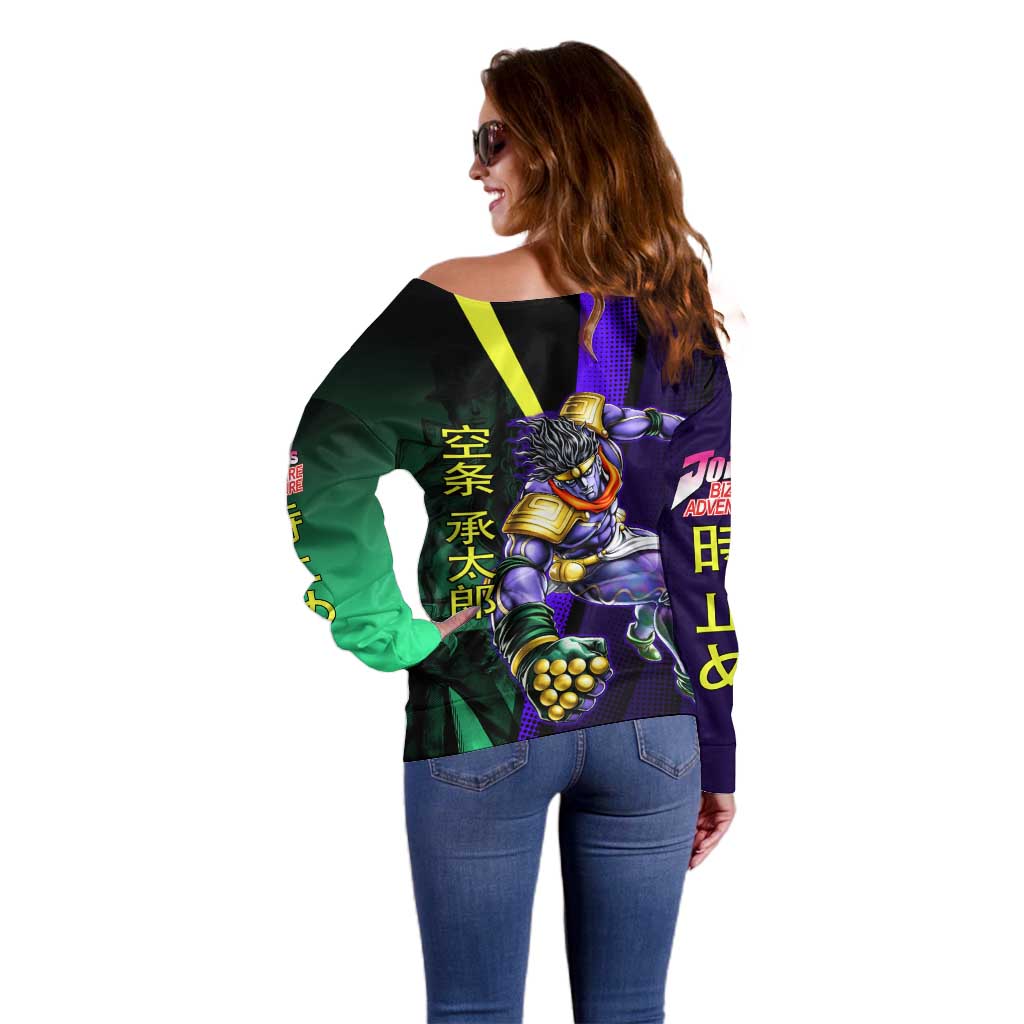 Jotaro Kujo JoJo’s Bizarre Adventure Off Shoulder Sweater with Star Platinum Stand and Bold - The Mazicc