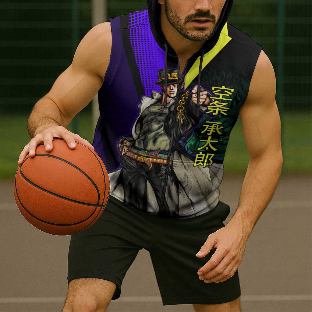 Jotaro Kujo JoJo’s Bizarre Adventure Sleeveless Zip Hoodie with Star Platinum Stand and Bold - The Mazicc