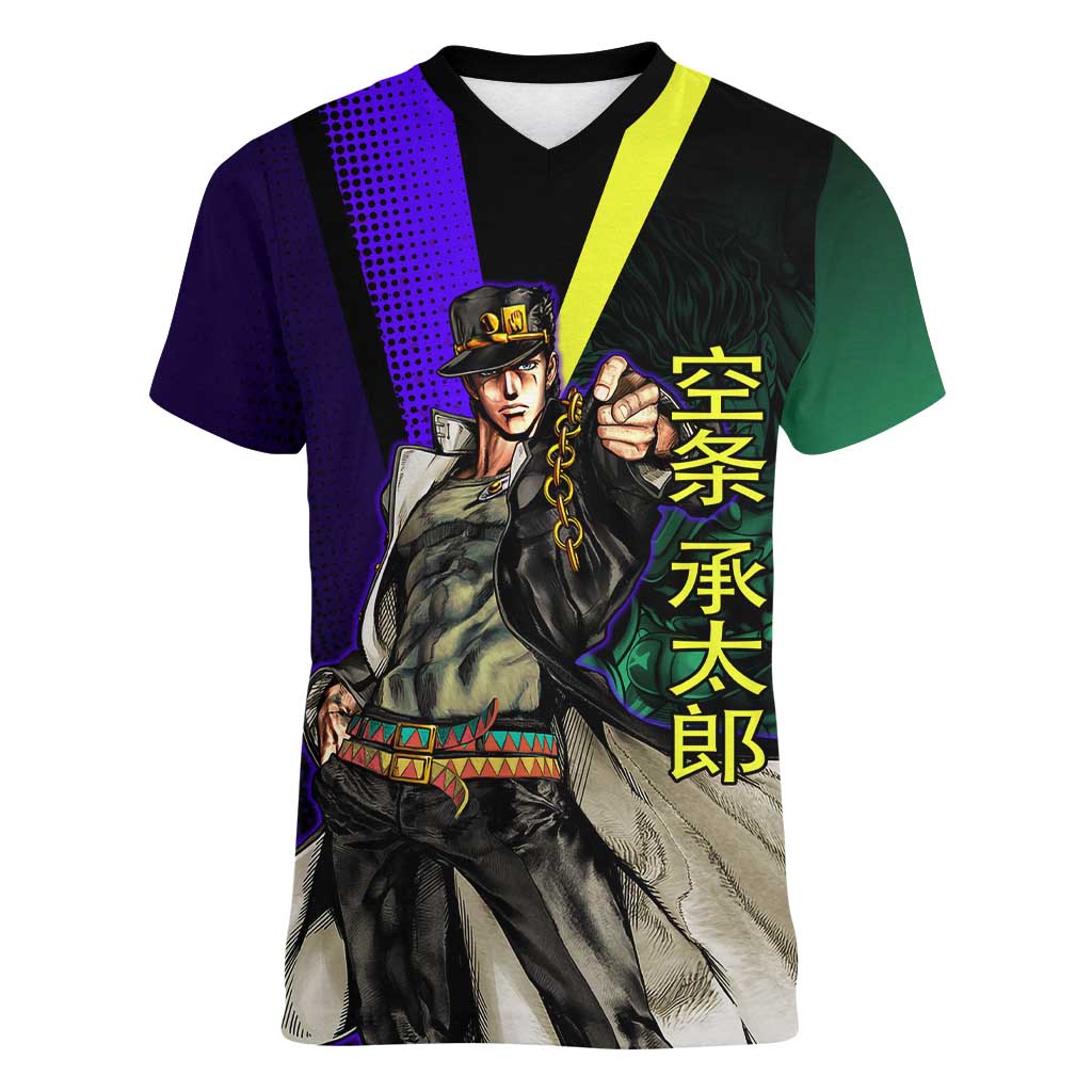 Jotaro Kujo JoJo’s Bizarre Adventure Women V-Neck T-Shirt with Star Platinum Stand and Bold - The Mazicc