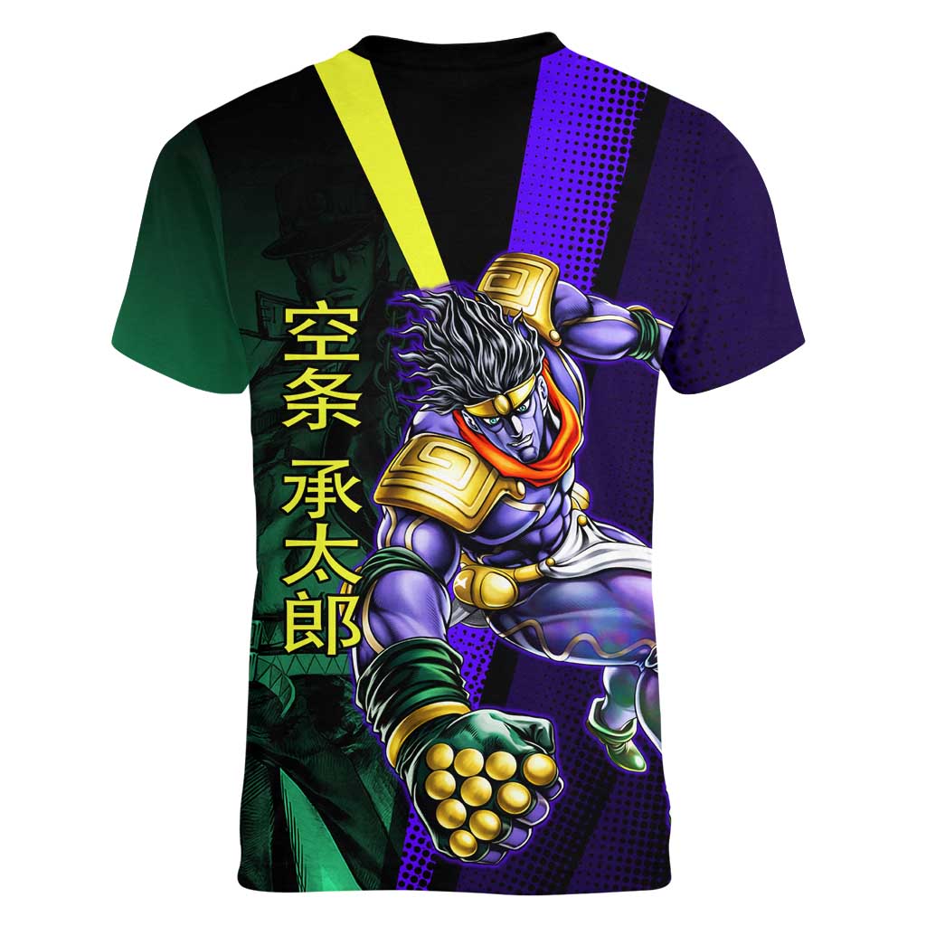 Jotaro Kujo JoJo’s Bizarre Adventure Women V-Neck T-Shirt with Star Platinum Stand and Bold - The Mazicc