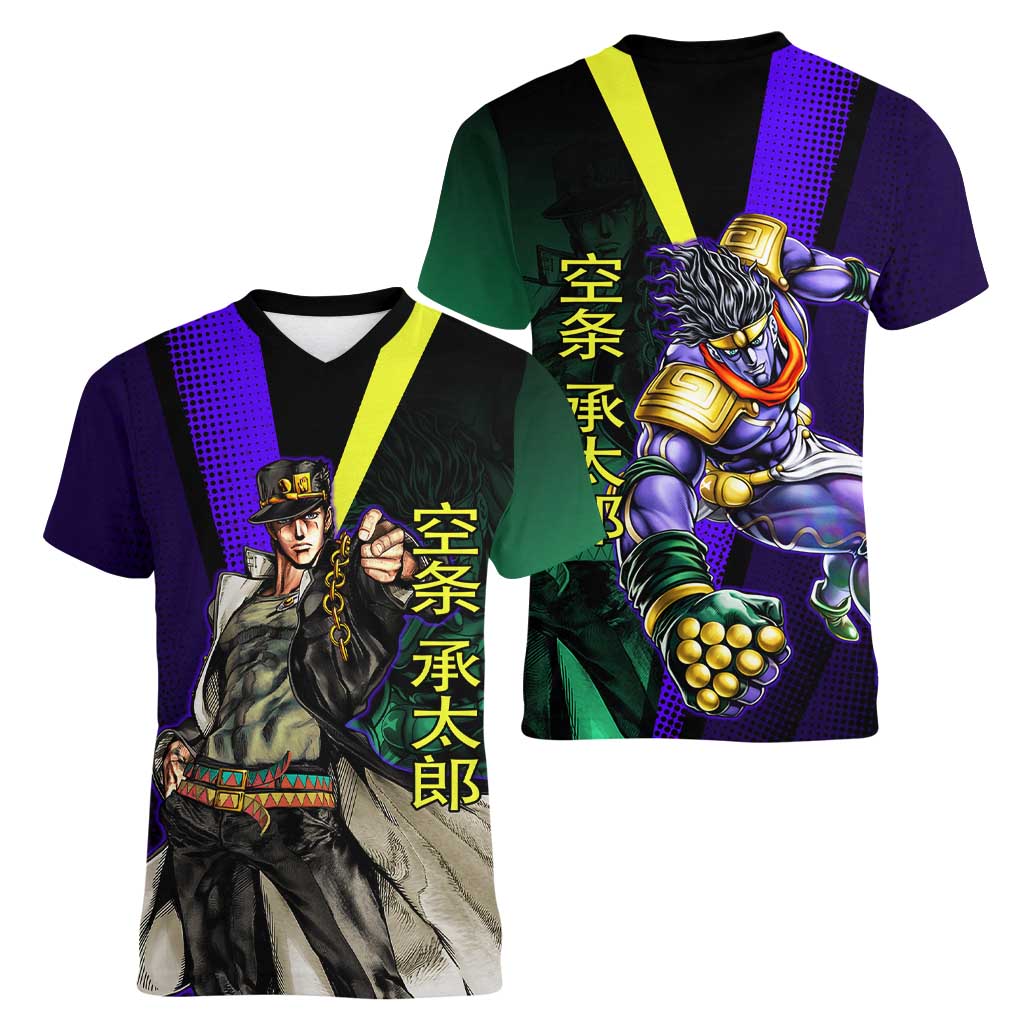 Jotaro Kujo JoJo’s Bizarre Adventure Women V-Neck T-Shirt with Star Platinum Stand and Bold - The Mazicc
