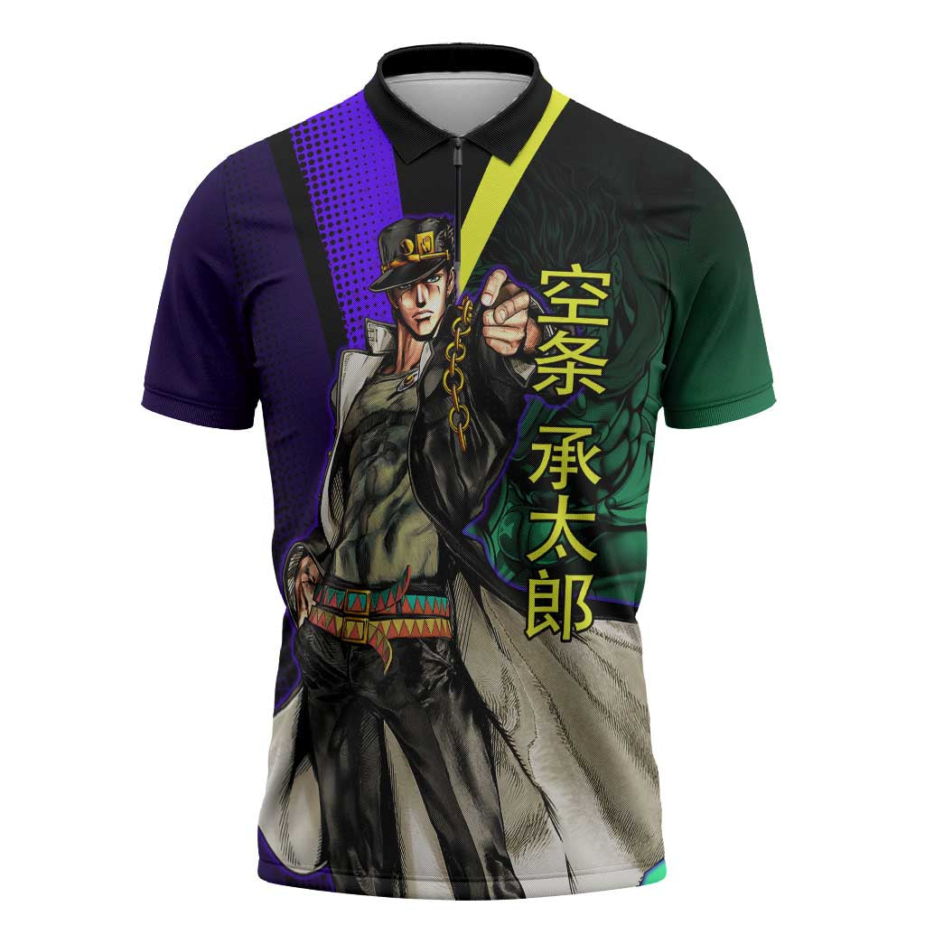Jotaro Kujo JoJo’s Bizarre Adventure Zipper Polo Shirt with Star Platinum Stand and Bold - The Mazicc