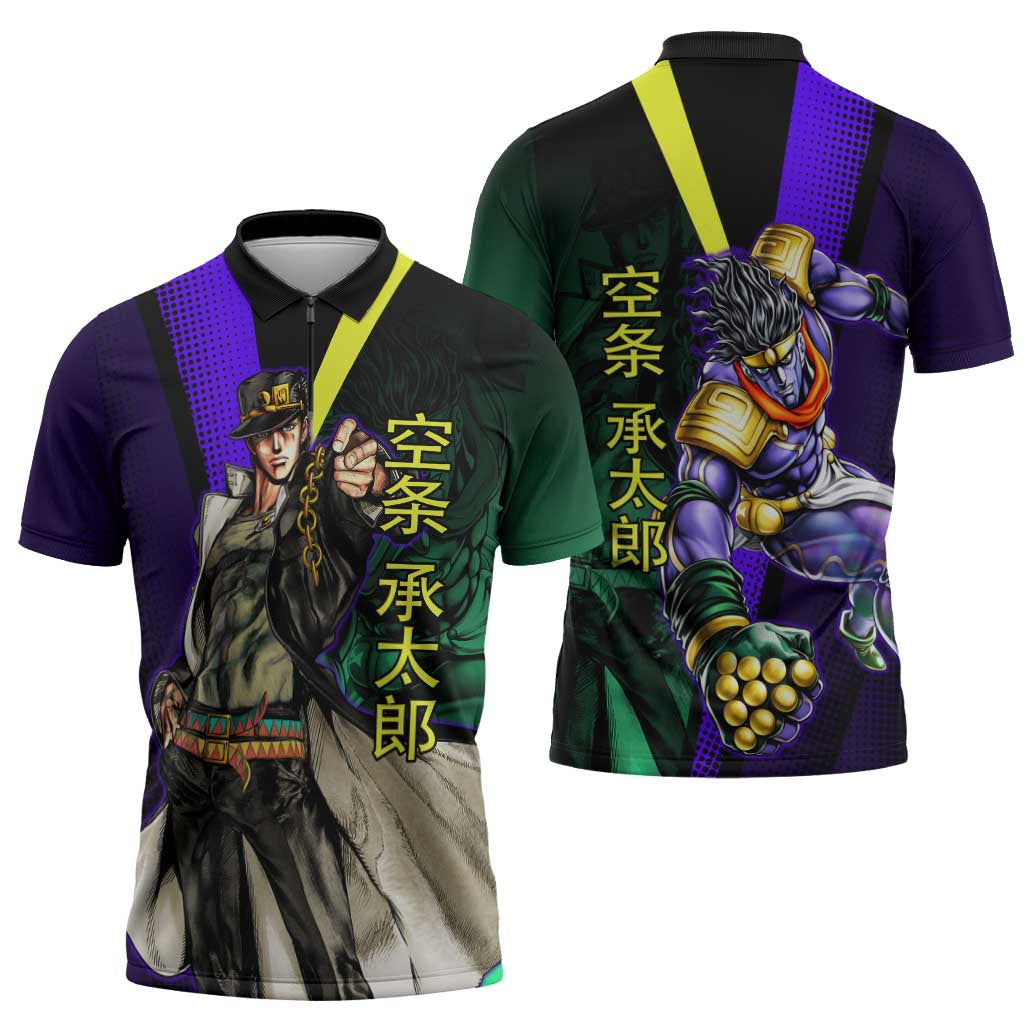 Jotaro Kujo JoJo’s Bizarre Adventure Zipper Polo Shirt with Star Platinum Stand and Bold - The Mazicc