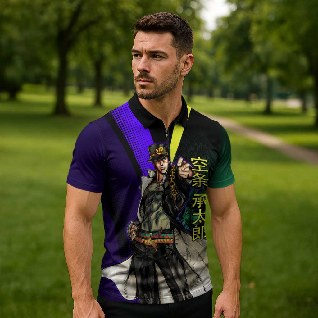 Jotaro Kujo JoJo’s Bizarre Adventure Zipper Polo Shirt with Star Platinum Stand and Bold - The Mazicc
