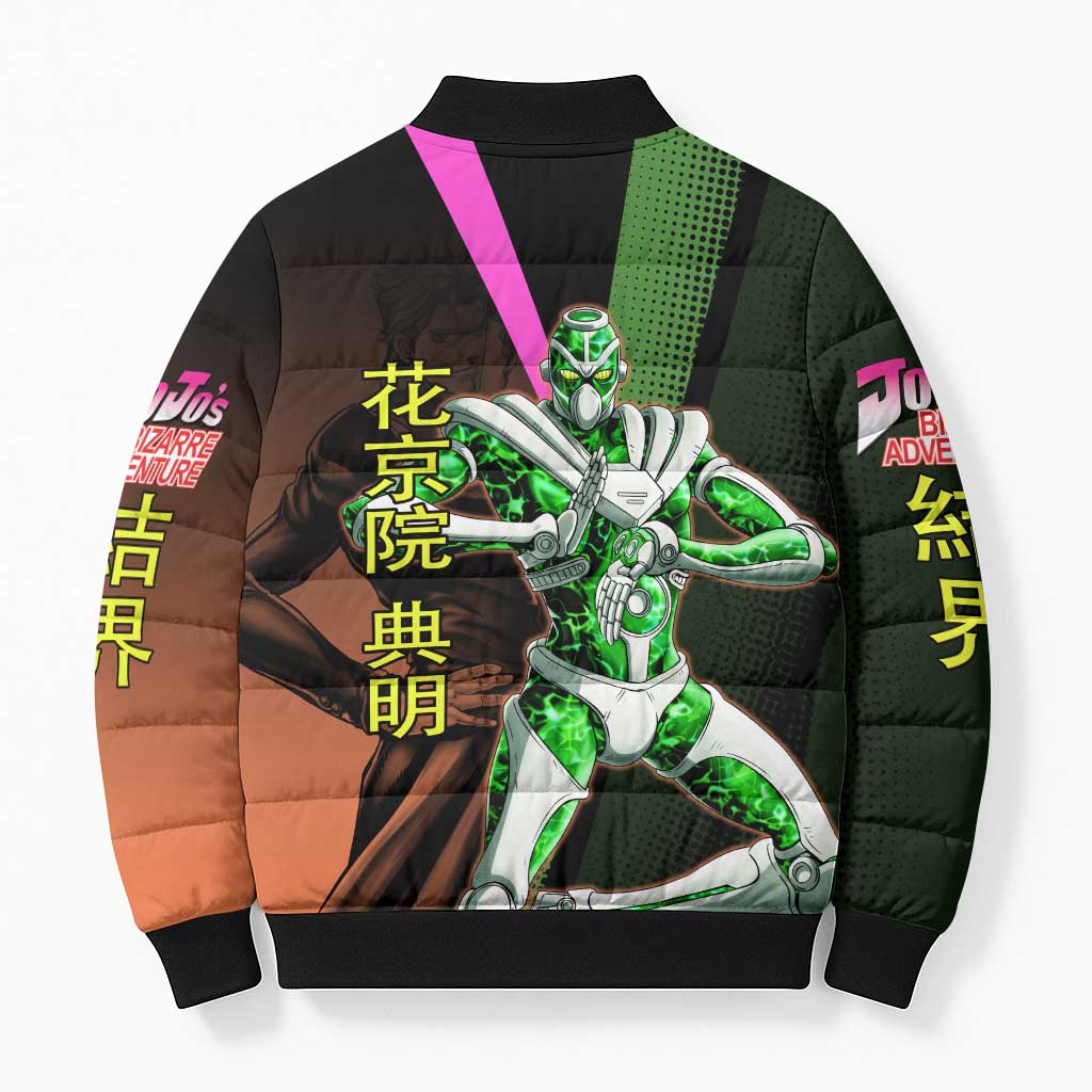 Noriaki Kakyoin JoJo’s Bizarre Adventure Bomber Puffer Jacket with Hierophant Green Stand - The Mazicc