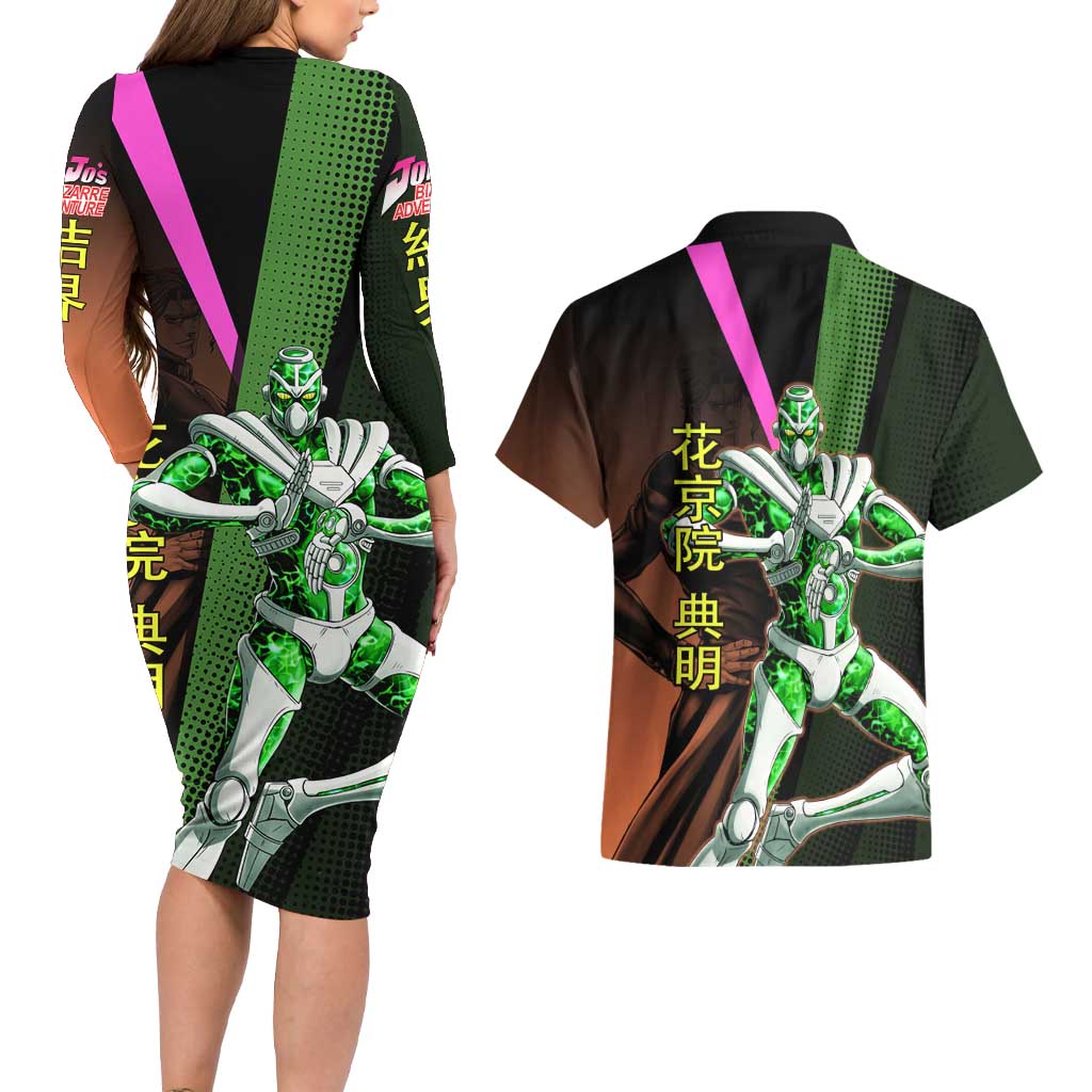 Noriaki Kakyoin JoJo’s Bizarre Adventure Couples Matching Long Sleeve Bodycon Dress and Hawaiian Shirt with Hierophant Green Stand - The Mazicc