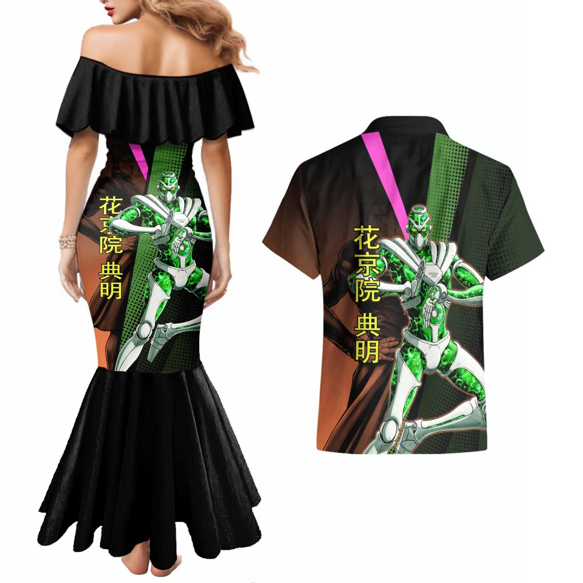 Noriaki Kakyoin JoJo’s Bizarre Adventure Couples Matching Mermaid Dress and Hawaiian Shirt with Hierophant Green Stand - The Mazicc