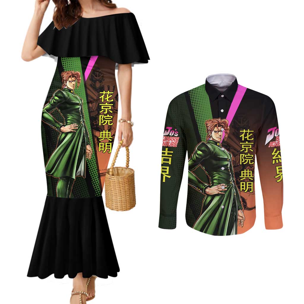 Noriaki Kakyoin JoJo’s Bizarre Adventure Couples Matching Mermaid Dress and Long Sleeve Button Shirt with Hierophant Green Stand - The Mazicc