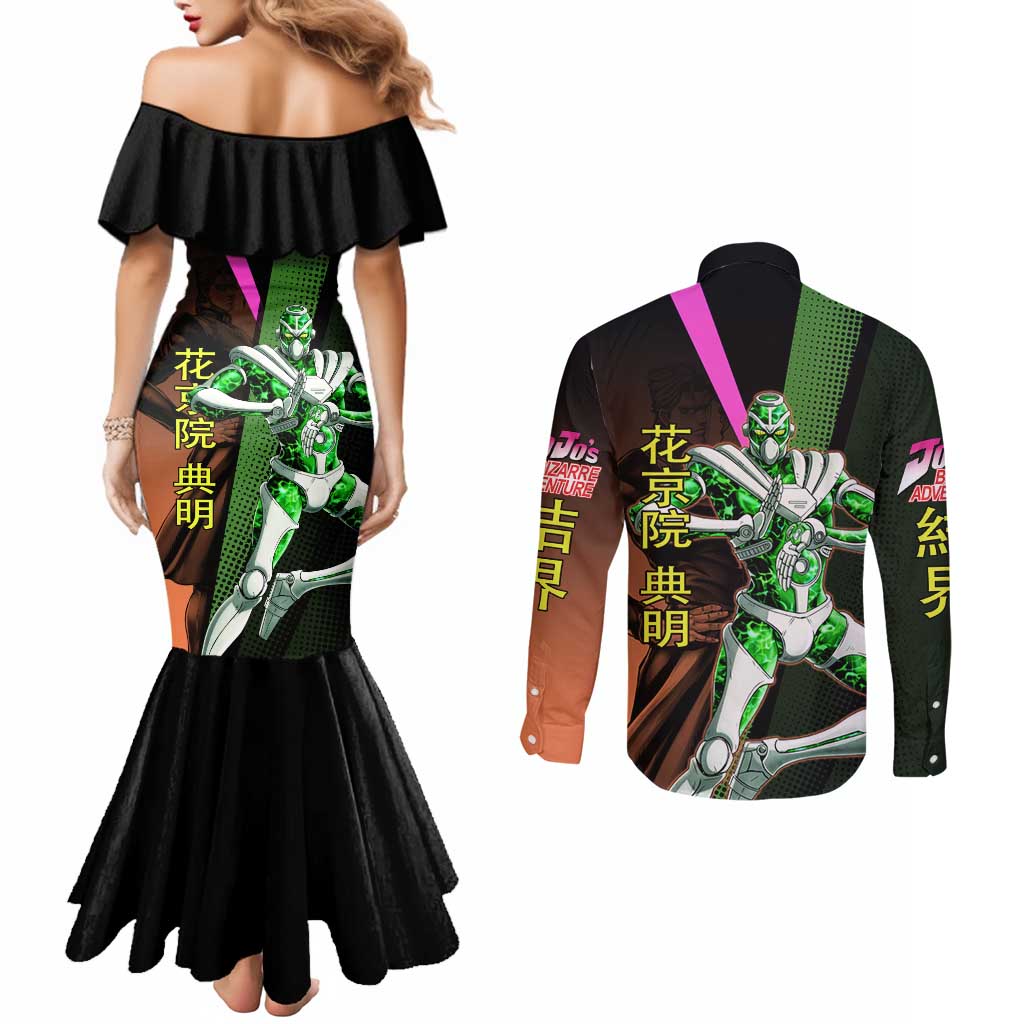 Noriaki Kakyoin JoJo’s Bizarre Adventure Couples Matching Mermaid Dress and Long Sleeve Button Shirt with Hierophant Green Stand - The Mazicc