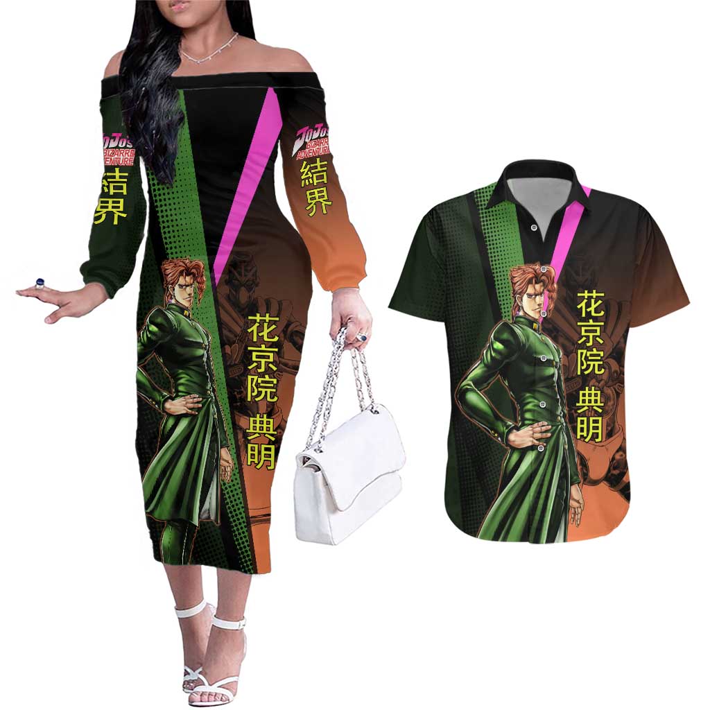 Noriaki Kakyoin JoJo’s Bizarre Adventure Couples Matching Off The Shoulder Long Sleeve Dress and Hawaiian Shirt with Hierophant Green Stand - The Mazicc