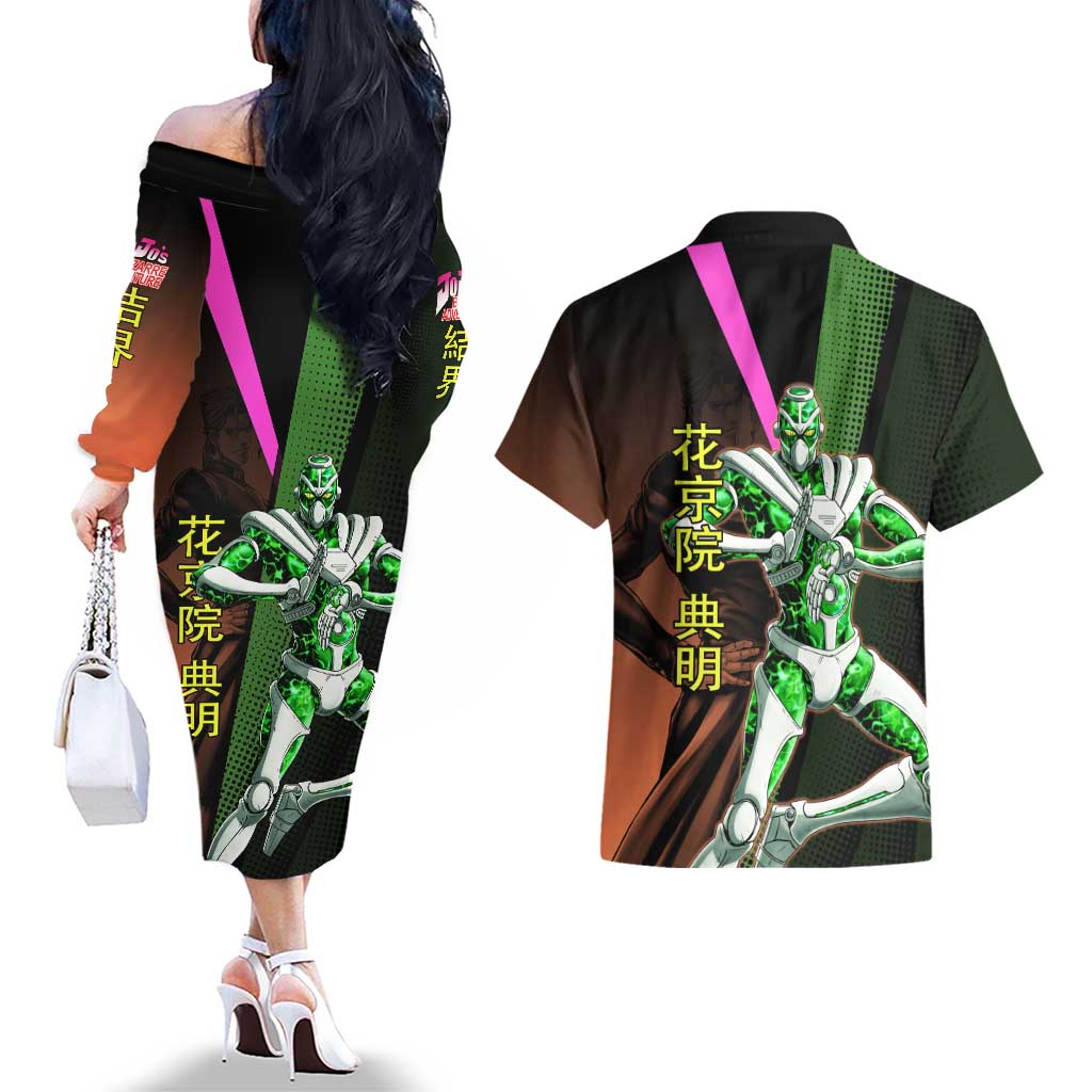 Noriaki Kakyoin JoJo’s Bizarre Adventure Couples Matching Off The Shoulder Long Sleeve Dress and Hawaiian Shirt with Hierophant Green Stand - The Mazicc