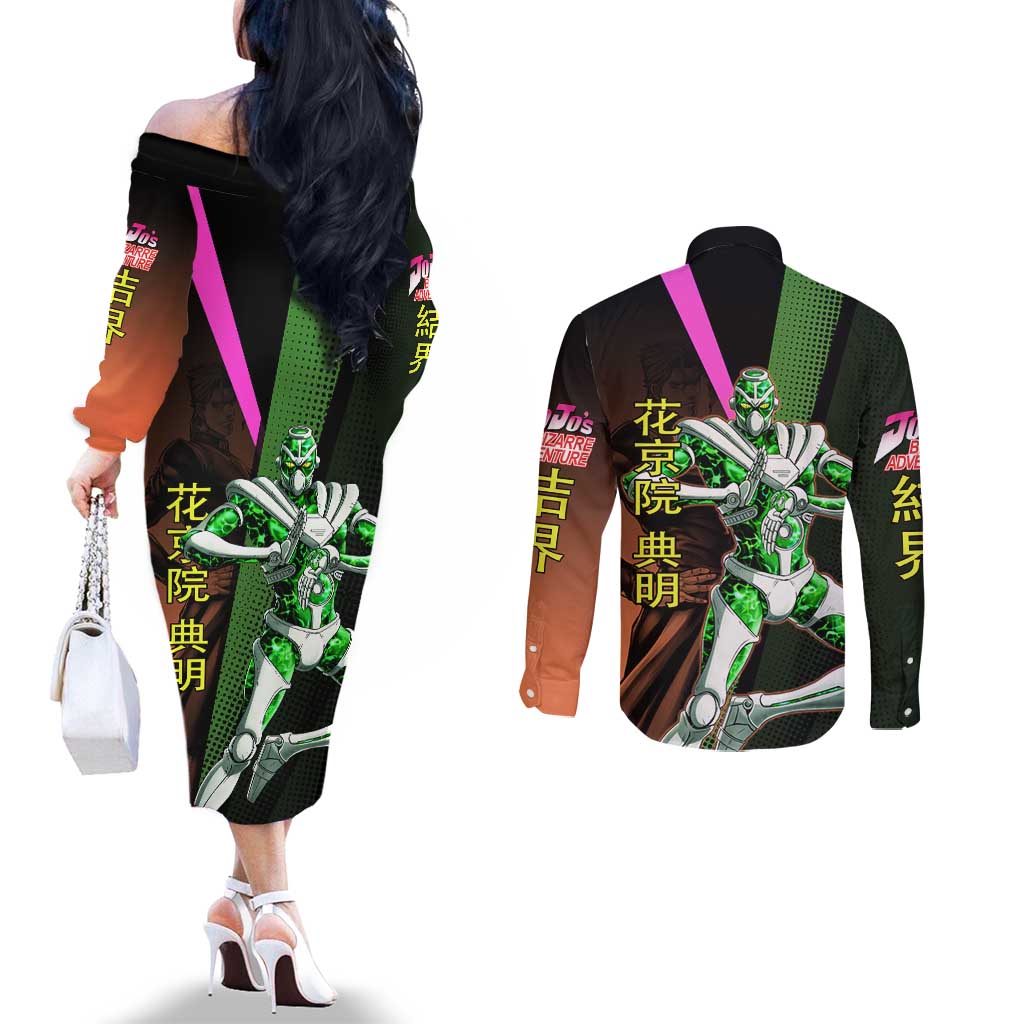 Noriaki Kakyoin JoJo’s Bizarre Adventure Couples Matching Off The Shoulder Long Sleeve Dress and Long Sleeve Button Shirt with Hierophant Green Stand - The Mazicc