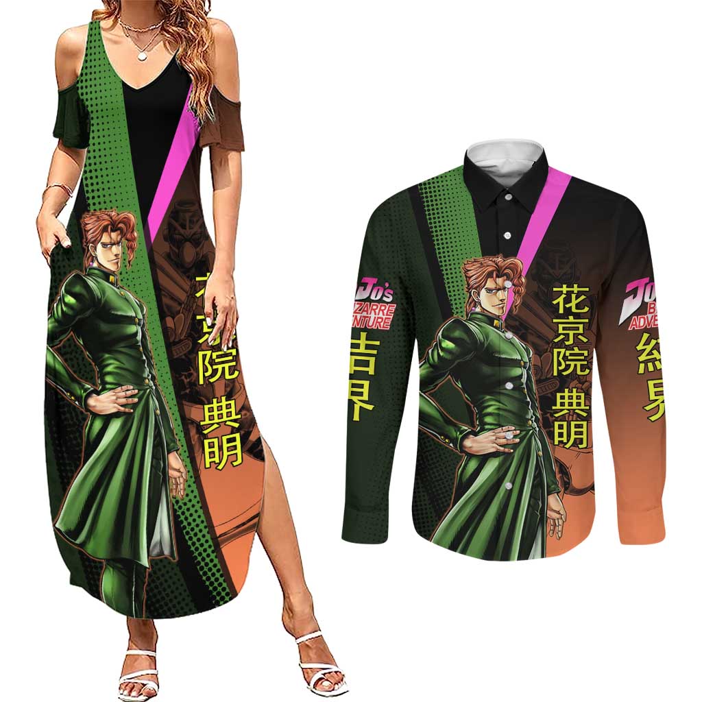 Noriaki Kakyoin JoJo’s Bizarre Adventure Couples Matching Summer Maxi Dress and Long Sleeve Button Shirt with Hierophant Green Stand - The Mazicc