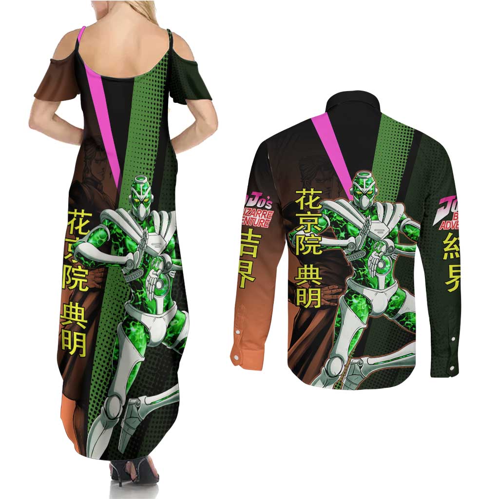 Noriaki Kakyoin JoJo’s Bizarre Adventure Couples Matching Summer Maxi Dress and Long Sleeve Button Shirt with Hierophant Green Stand - The Mazicc