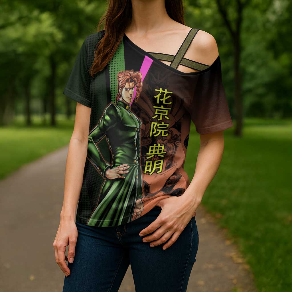 Noriaki Kakyoin JoJo’s Bizarre Adventure Cross Shoulder Shirt with Hierophant Green Stand - The Mazicc