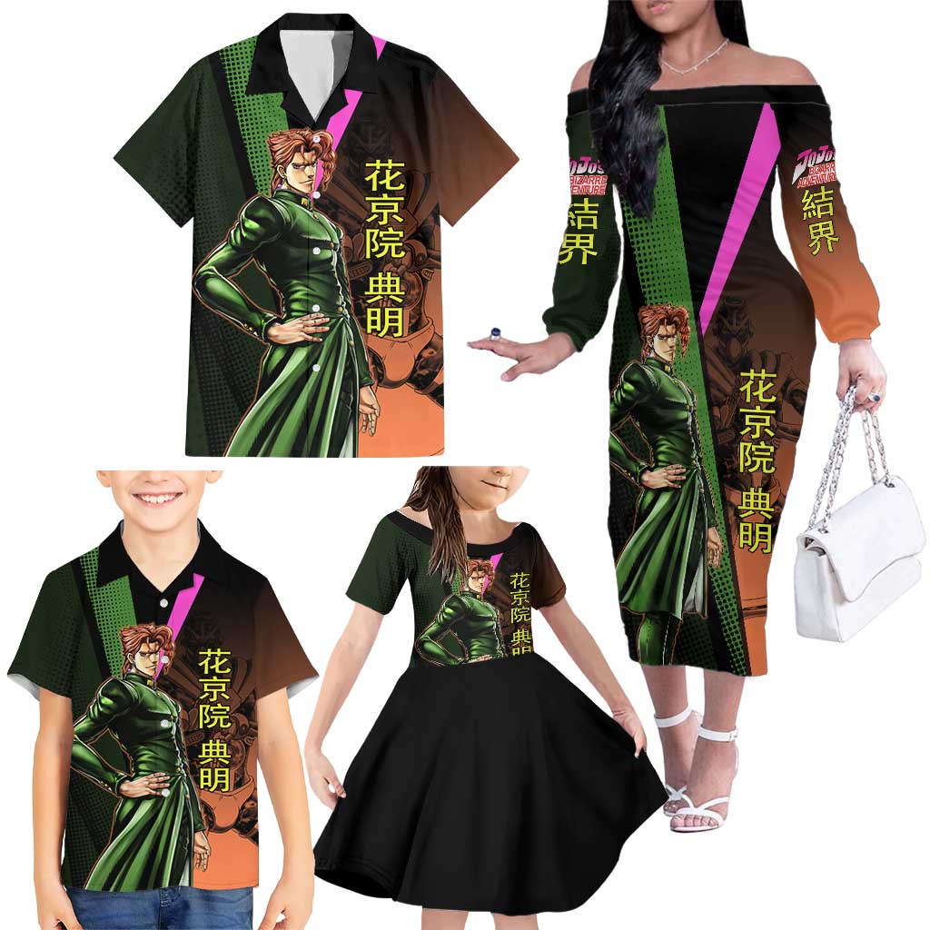 Noriaki Kakyoin JoJo’s Bizarre Adventure Family Matching Off The Shoulder Long Sleeve Dress and Hawaiian Shirt with Hierophant Green Stand